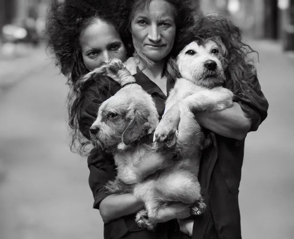 Image similar to closeup portrait of beautiful woman carrying a dog, smoky new york back street, by annie leibovitz and steve mccurry, natural light, detailed face, canon eos c 3 0 0, ƒ 1. 8, 3 5 mm, 8 k, medium - format print