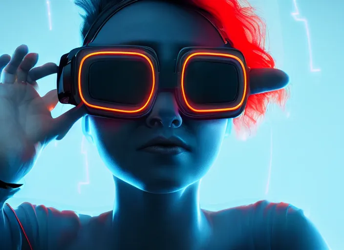 Prompt: portrait of young cyber girl with glowing red yellow wires hair wears science fiction metal virtual reality glasses. cyberspace augmented reality, futuristic vision. 3 d render on dark blue backdrop, octane render, 8 k, super detailed