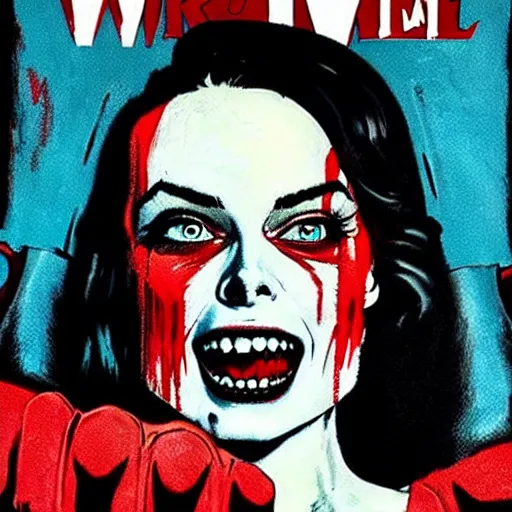 Image similar to Rafael Albuquerque art, Norman Rockwell, pretty Margot Robbie vampire, sharp teeth evil smile, holding HK pistol in hand, symmetrical face symmetrical eyes, leather jacket, jeans, hands with five fingers, realistic hands