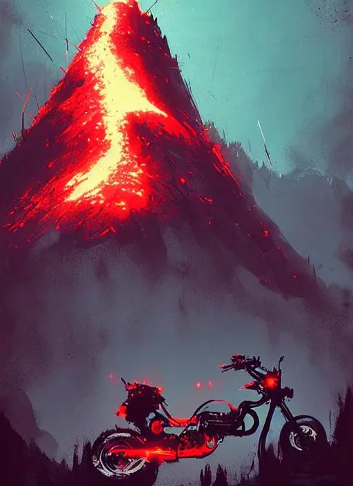 Prompt: horror art, motorbiker from hell, red volcano peaks in the background, art by ismail inceoglu
