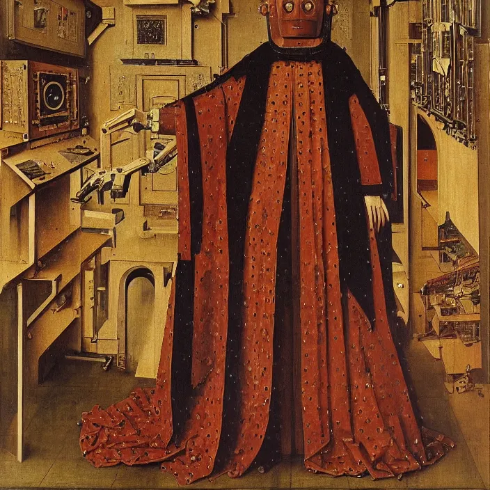 Prompt: a robot, by Jan van Eyck