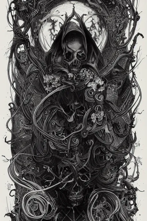 Image similar to malice, skulls, tendrils, dark atmosphere, greyscale, detailed linework, cinematic, psychedelic, black paper, ornate, symmetrical, tarot card, highly detailed, ink illustration, style of peter mohrbacher, golden ratio, 8k