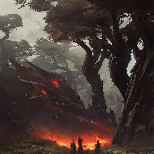 Image similar to black dragons dwell in the wilderness by sung choi, world tree, by greg rutkowski.
