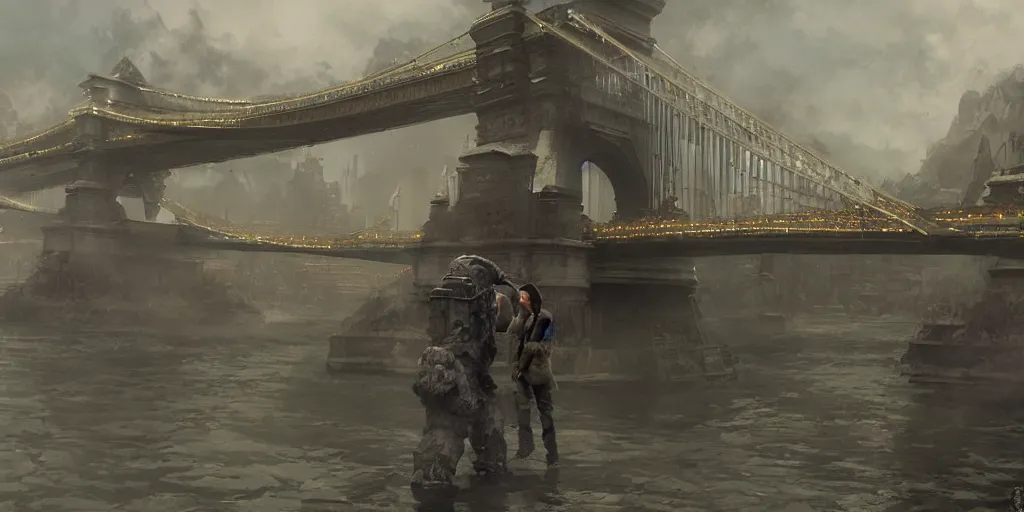 Image similar to kaiju in budapest, chain bridge painting, greg rutkowski, craig mullins, detailed, cinematic