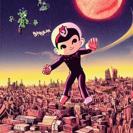 Image similar to “Astro Boy Demon nº625 Manga cover with an illustration of astroboy flying over a big messy luminous city, bird eyes view of the city, full of japanese signs, Ashley wood style, dynamic composition, printed on paper”