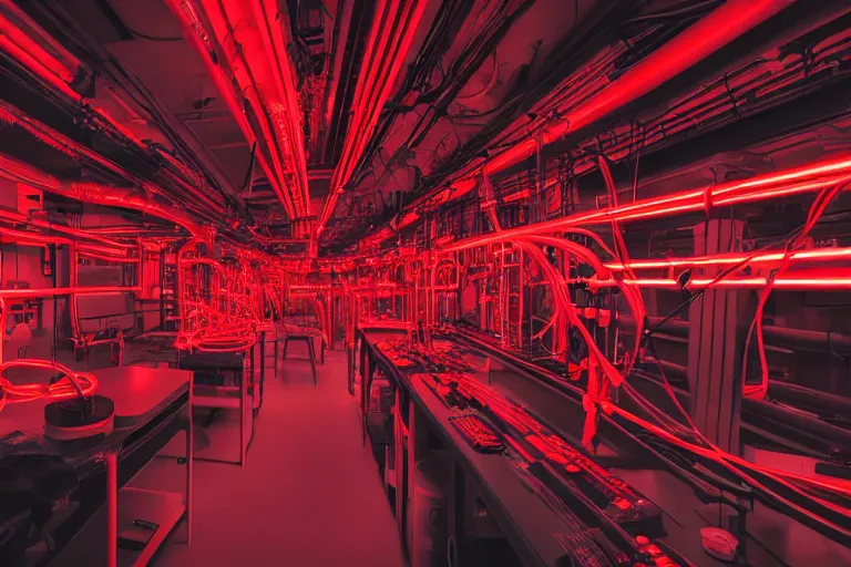 Prompt: dark sci - fi lab full of glowing tubes containing humans in red liquid, cables and wires, led lights, dark, moody ominous