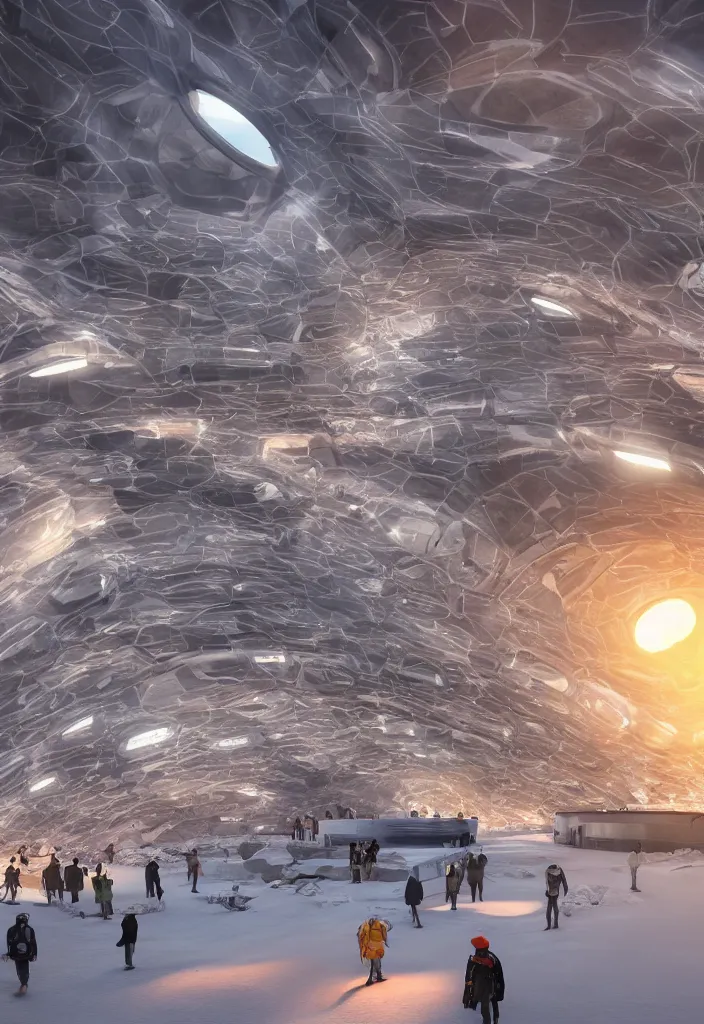 Image similar to big underground city in antartica with a transparent roof that shows a beautiful sunset, multiple people in the tunnels around campfires and futuristic igloos, facinating, fantasy digital art, octane render, beautiful composition, trending on artstation, award-winning photograph, masterpiece