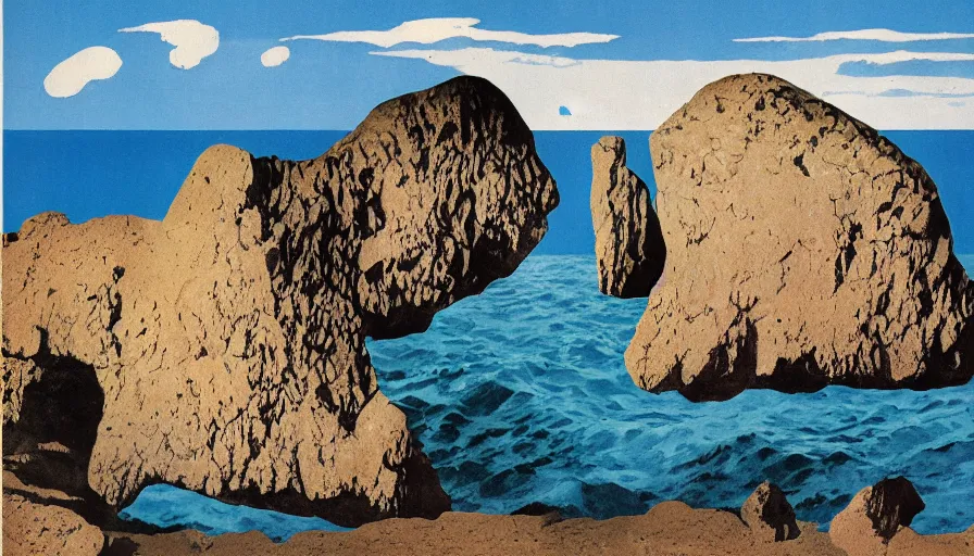 Prompt: a poster about Percé Rock, a rock with a hole in it in the sea, by John Baldessari