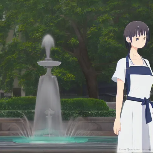 Image similar to a full body portrait of a young woman wearing a white apron standing in front of a fountain in a park, makoto shinkai, james gilleard, very detailed, matte, gaussian blur, tone mapped William-Adolphe, photo taken with Sony a7R