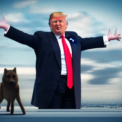 Image similar to Donald Trump with doge body, realistic artstyle, wide shot, dramatic lighting, octane render, hyperrealistic, high quality, highly detailed, HD, beautiful, cinematic, 8k, unreal engine, facial accuracy, symmetrical