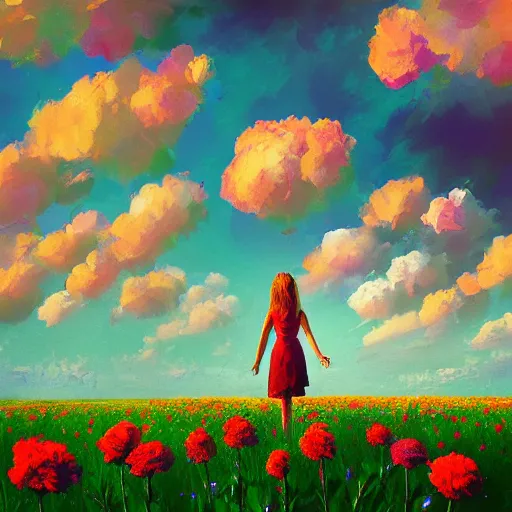 Prompt: face of carnations flower, girl standing in a flower field, surreal photography, sunrise dramatic light, impressionist painting, colorful clouds, digital painting, artstation, simon stalenhag, flower face