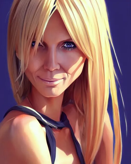 Image similar to portrait of Heidi Klum as Anime girl cute-fine-face, full body! pretty face, realistic shaded Perfect face, fine details. Anime. realistic shaded lighting by Ilya Kuvshinov Giuseppe Dangelico Pino and Michael Garmash and Rob Rey