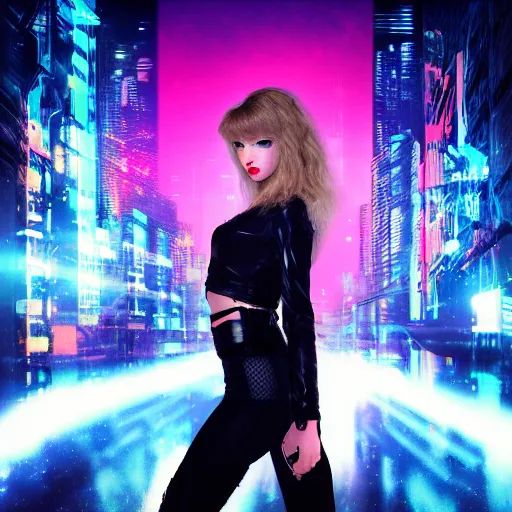 Image similar to a cyberpunk style album cover for a Taylor Swift electro pop album