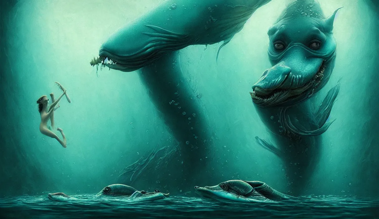 Prompt: epic professional digital art of hungry eyes, ambient teal light, painted, mysterious, closeup cinematic aquatic animal scene, eerie, mythic, detailed, intricate, grand, leesha hannigan, wayne haag, reyna rochin, ignacio fernandez rios, mark ryden, van herpen, artstation, cgsociety, epic, stunning, gorgeous, wow wow detail