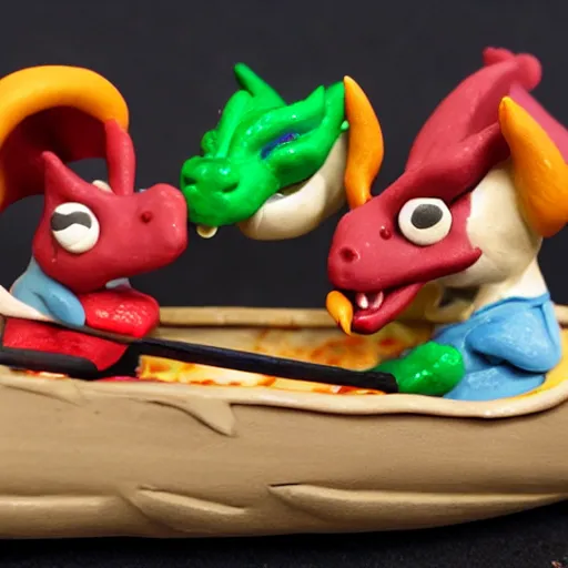 Image similar to polymer clay dragons in a canoe, eating pizza, claymation