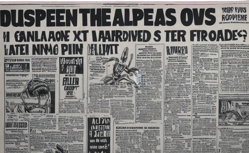 Image similar to 1 9 7 0 s newspaper front page, alien invasion