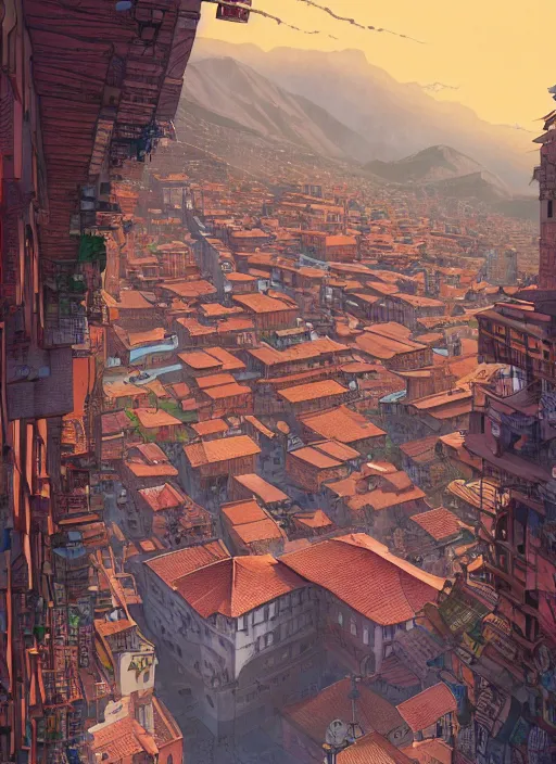 Prompt: Cusco city poster artwork by Michael Whelan and Tomer Hanuka, Rendering of inside the mind of a corrupt domestic salesman, full of details, by Makoto Shinkai and thomas kinkade, Matte painting, trending on artstation and unreal engine