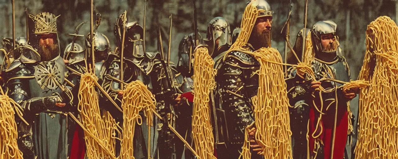 Image similar to knights in the crusades wearing a cross made of spaghetti, kodachrome, in the style of wes anderson,