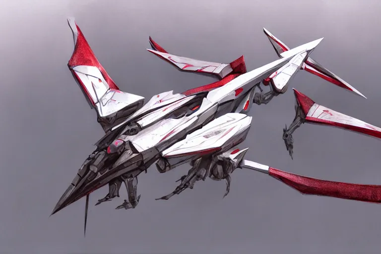 Prompt: a pteranodon mecha interceptor, white john berkey armor panels, wine-red and grey trim, robotech styling, with white Kanji markings outlined in black, boeing concept art painting, cinematic lighting, amazing lifelike cinematic photo render