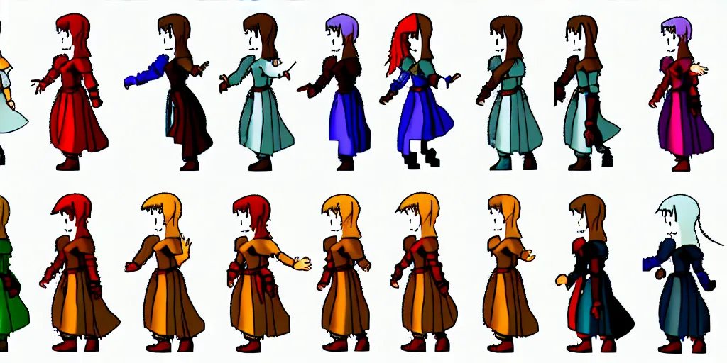 Prompt: walking cycle sprite sheet of a girl in a renaissance dress, walking to the right, each sprite is a different frame of the animation, in the style of final fantasy games, side view of her taking steps, accurate walk cycle, walk cycle, walk cycle, peasant clothes, always wearing the same clothes