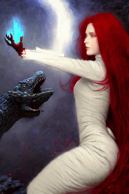 Image similar to beautiful vampire with red eyes and long red hair in a white woolen turtleneck dress, pointing at a small blue godzilla portrait dnd, painting by gaston bussiere, craig mullins, greg rutkowski, yoji shinkawa