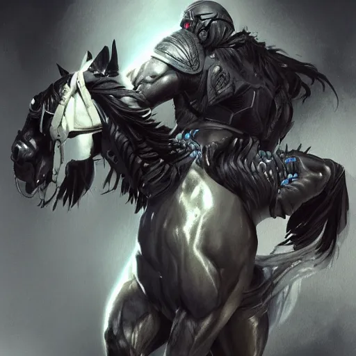 Image similar to an enormously muscular black - coated anthro horse at a research facility wearing skintight body armor, highly detailed, digital painting, artstation, concept art, illustration, art by artgerm, greg rutkowski, wlop