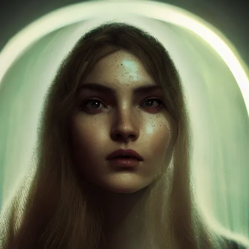 Image similar to portrait art of female angel by alessio albi 8 k ultra realistic, angel wings, lens flare, atmosphere, glow, detailed, intricate, full of colour, cinematic lighting, trending on artstation, 4 k, hyperrealistic, focused, extreme details, unreal engine 5, cinematic, masterpiece