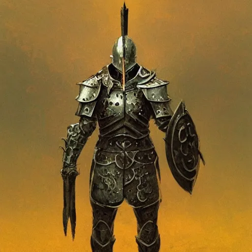 Image similar to crucible knight concept, wearing ancient armor, wielding a spear and a shield, wearing cape, dark soul concept art, elden ring concept art, beksinski