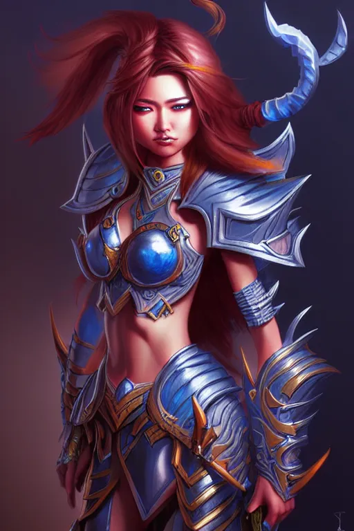 Image similar to sakimi chan, fantasy armor, detailed face, dynamic lighting, tony sart