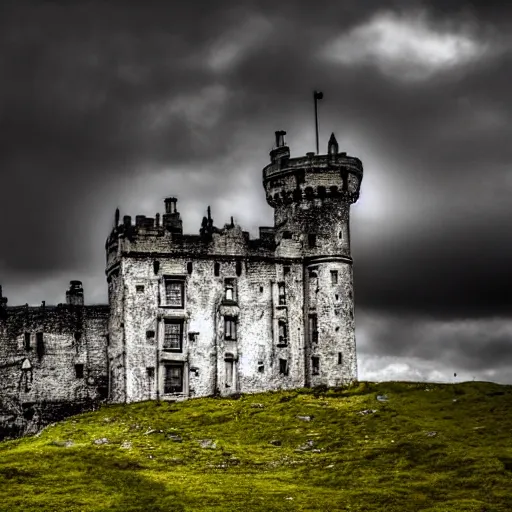 Image similar to haunted castle in the scottish highlands, highly detailed photography, sharp, crisp, ominous, spooky, macabre