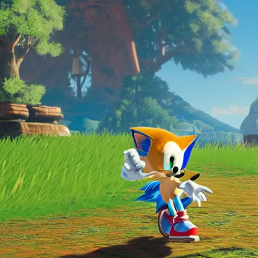 Image similar to sonic, the hedgehog, in breath of the wild