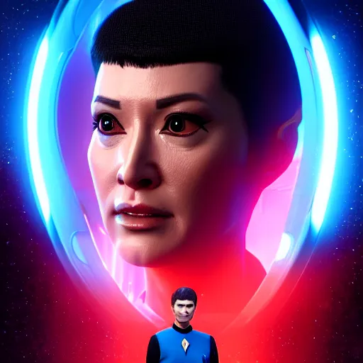 Prompt: Star Trek TNG crew portrait, Cyberpunk 2049, highly detailed, realistic, Unreal engine, Octane render, Weta digital, HDRP, RTX, volumetric lighting