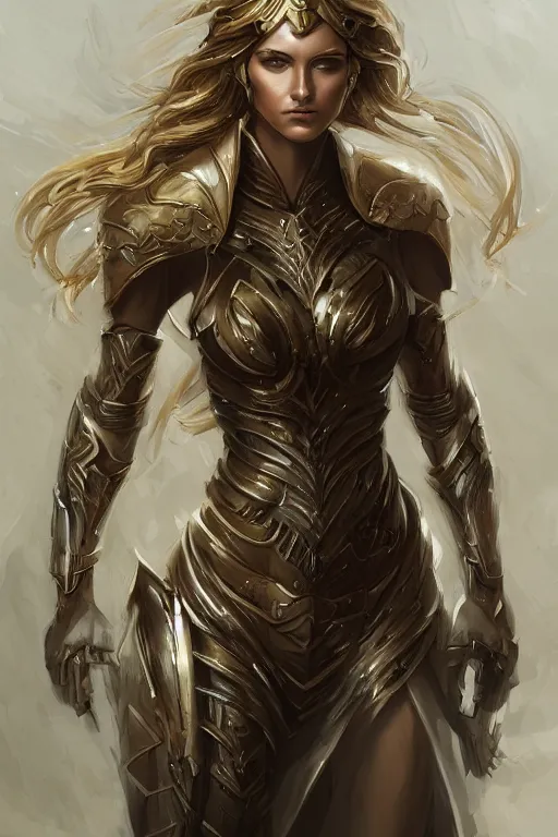 Image similar to three-quarters portrait pose of a beautiful woman, slim body, shining armor, human warrior, fantasy, intricate, elegant, highly detailed, digital painting, artstation, concept art, matte, sharp focus,D&D, illustration, art by Stanley Lau