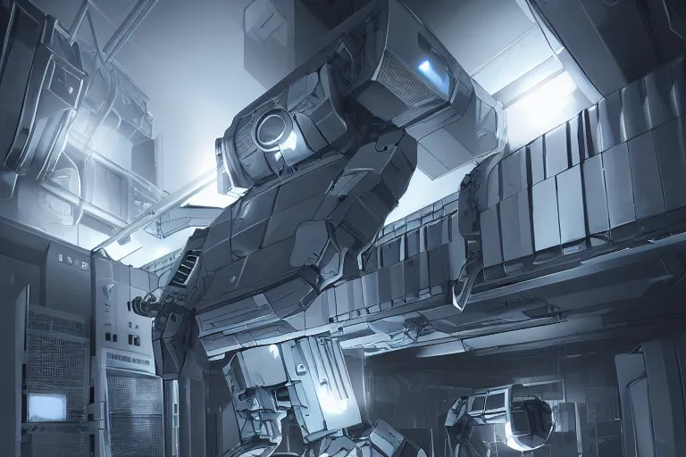 Image similar to parallax datacenter server room single mono colossus white rusty android robosaurus in artstation cinematic detailed concept art volumetric light sharp coherent cgsociety symmetric perfect artgerm