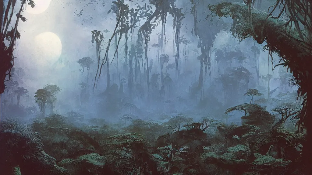Prompt: emissary space by arthur haas and bruce pennington and john schoenherr, cinematic matte painting, photo realism, dark color palate, lush jungle