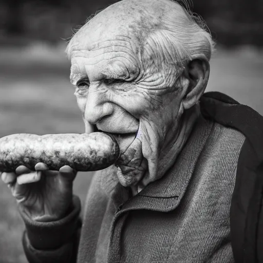 Image similar to An elderly man with a sausage for a nose, Canon EOS R3, f/1.4, ISO 200, 1/160s, 8K, RAW, unedited, symmetrical balance, in-frame