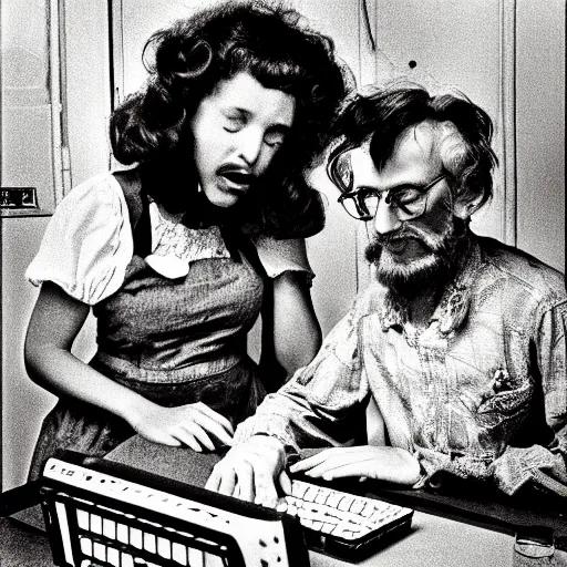 Image similar to a black and white photograph of a computer in love, by robert crumb, by jim henson, high contrast, soft lighting, surreal, film photography