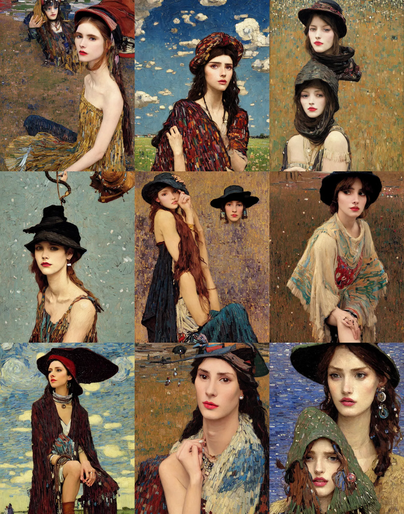 Prompt: portrait of fashionable young woman wearing rich jewerly hat and boho poncho, dark make up on her face, sitting dynamic pose, Low poly, thunder clouds in the sky, artwork by john william waterhouse and Denis Sarazhin and klimt and rhads and van gogh and Dean Ellis and Detmold Charles Maurice, levitation, industrial rusty pipes, simple form, brutal shapes