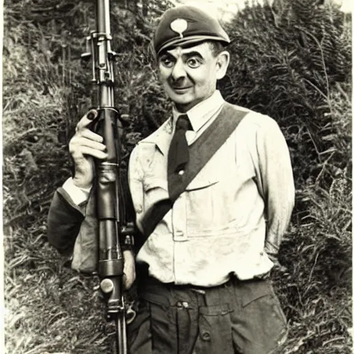 Prompt: old wartime photograph of mr. bean holding a lewis gun, 1 9 1 7