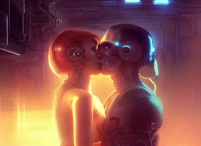 Image similar to ultra realistic medium shot of a couple of cyborgs kissing, lovers, romantic, cyberpunk, sci - fi, fantasy, kodak, colour led, soft light, volumetric lighting, fog, rays, night, intricate, highly detailed, digital painting, concept art, smooth, sharp focus, illustration, art by artgerm and greg rutkowski and alphonse mucha