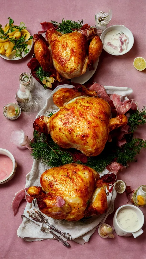 Image similar to 6 0 s food photography of a roast chicken covered entirely in mayonnaise, served with slice of ham on top, on a velvet table cloth, soft focus