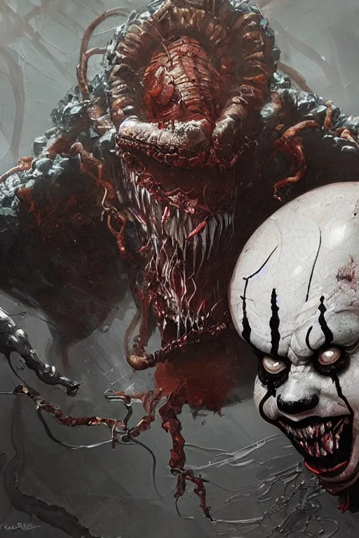 Image similar to a realistic painting of a terrifying venom+pennywise concept art by greg rutkowski, Craig Mullins, Todd McFarlane