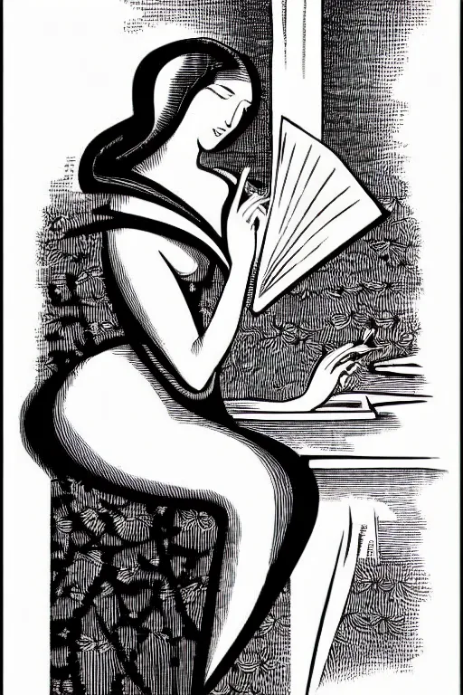 Image similar to art deco woman reading a love note art by james o barr and albrecht durer, surreal woodblock print, black and white, vector, vector art