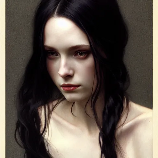 Image similar to Portrait of a beautiful, pale skin, female with long black hair, dark, piercing eyes, elegant clothing, photorealistic, highly detailed, artstation, smooth, sharp focus, art by Klimt, artgerm, Greg Rutkowski and Alphonse Mucha