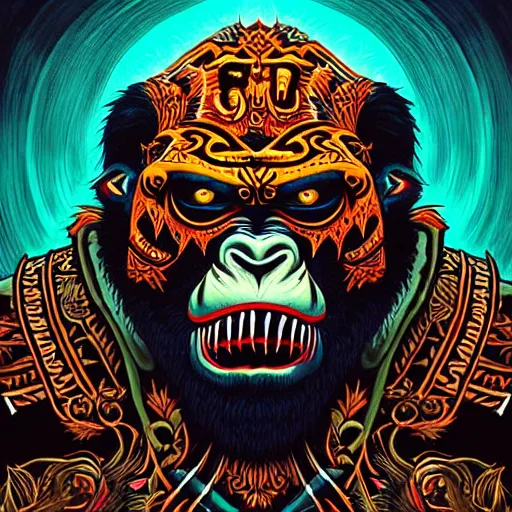 Prompt: barong family member, wiwek, mara demon, one single tribe member, jungle, one single mask, dark, ancient warrior, defiant gorilla, violence blood, satan, diablo, tribal, inner glow, art by dan mumford and justin gerard