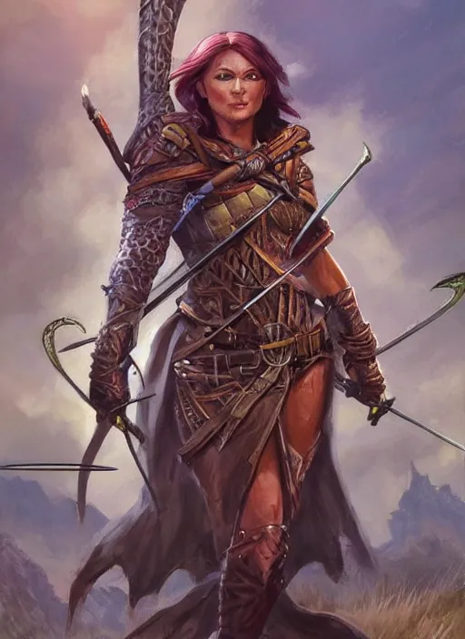 Prompt: female archer hunter, ultra detailed fantasy, dndbeyond, bright, colourful, realistic, dnd character portrait, full body, pathfinder, pinterest, art by ralph horsley, dnd, rpg, lotr game design fanart by concept art, behance hd, artstation, deviantart, hdr render in unreal engine 5