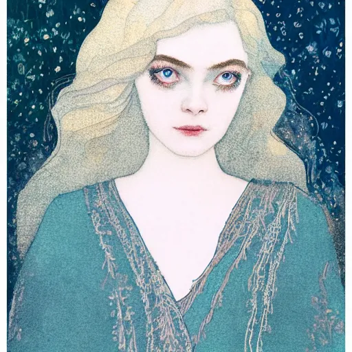 Image similar to professional painting of Elle Fanning in the style of Edmund Dulac, head and shoulders portrait, symmetrical facial features, smooth, sharp focus, illustration, intricate, stormy weather, extremely detailed masterpiece,