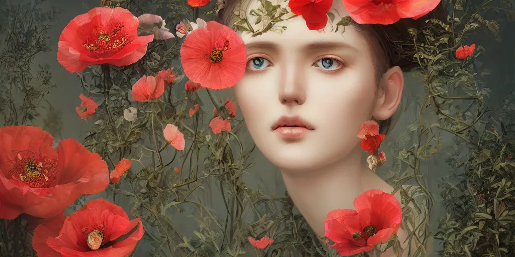 Prompt: breathtaking detailed concept art painting of the goddess of poppy flower, orthodox saint, with anxious, piercing eyes, ornate background, amalgamation of leaves and flowers, by hsiao - ron cheng, extremely moody lighting, 8 k