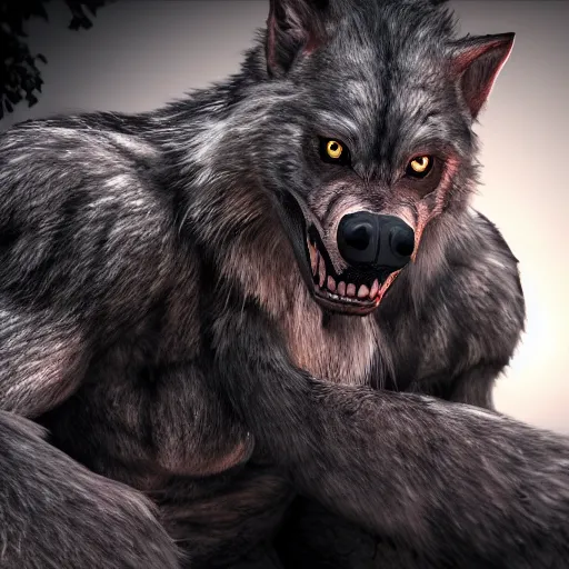 Prompt: hyper realistic werewolf hidden in the dark. higly detailed. deep dark cabin in the woods. unreal engine 5