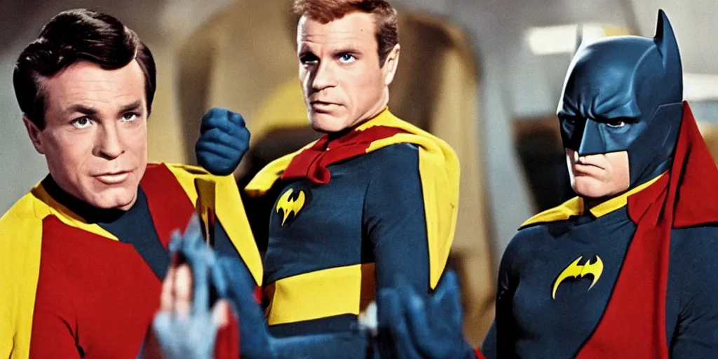 Image similar to Batman, in Starfleet uniform, in the role of Captain Kirk in a scene from Star Trek the original series